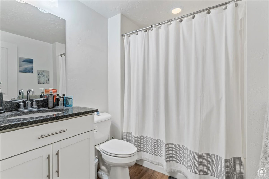 Bathroom with toilet, vanity, wood finished floors, and a shower with curtain