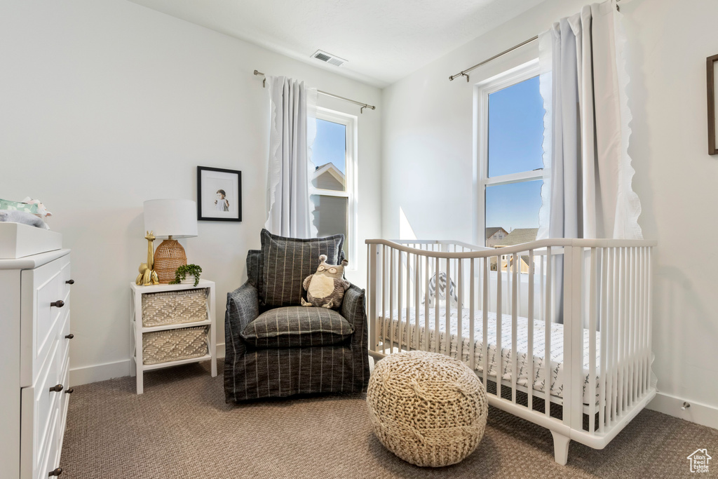 Carpeted bedroom featuring baseboards and a nursery area
