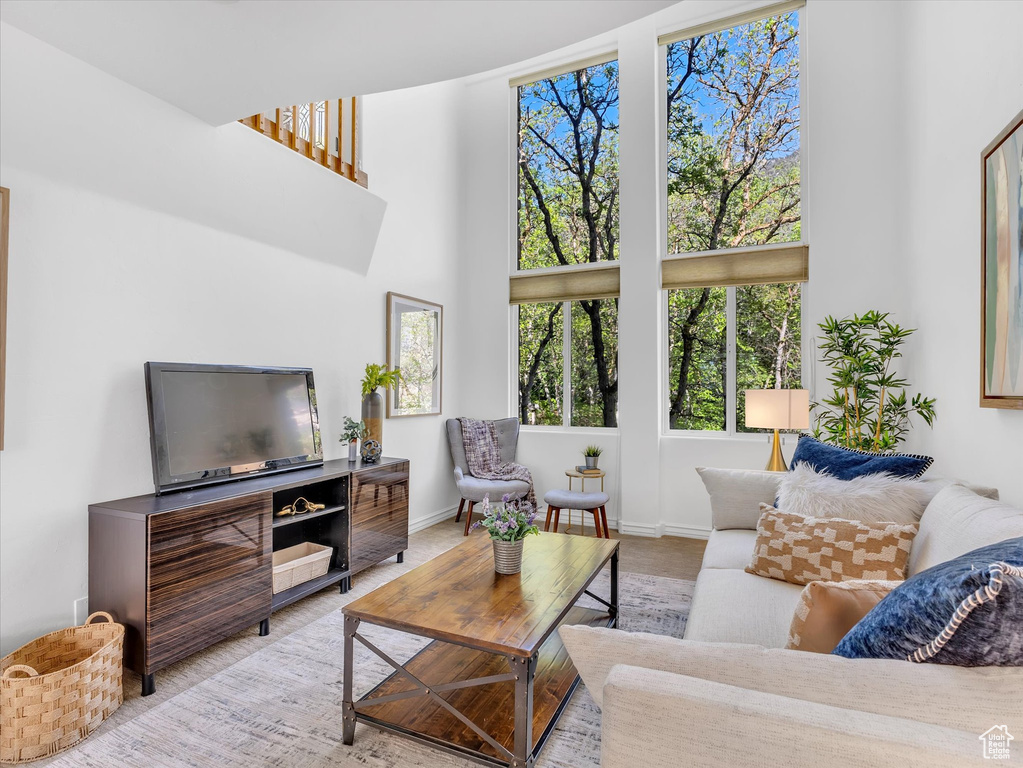 Living area with a towering ceiling and baseboards