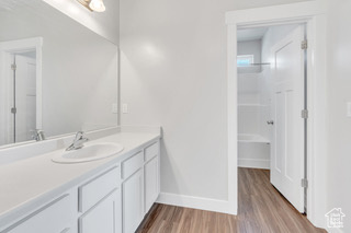 Bathroom with wood finished floors, vanity, baseboards, and a bathtub