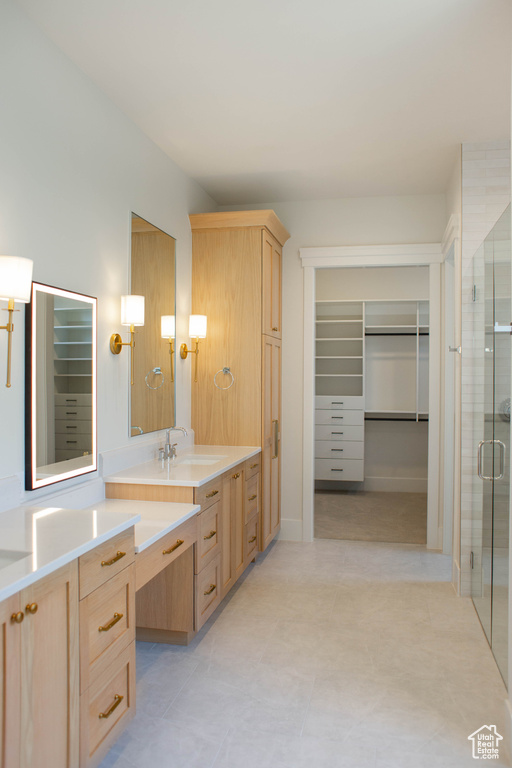 Bathroom with a walk in closet, a shower stall, and vanity