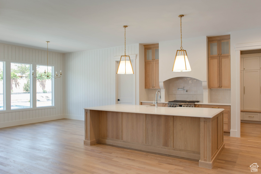 Kitchen with light wood-style floors, light countertops, a sink, and a kitchen island with sink