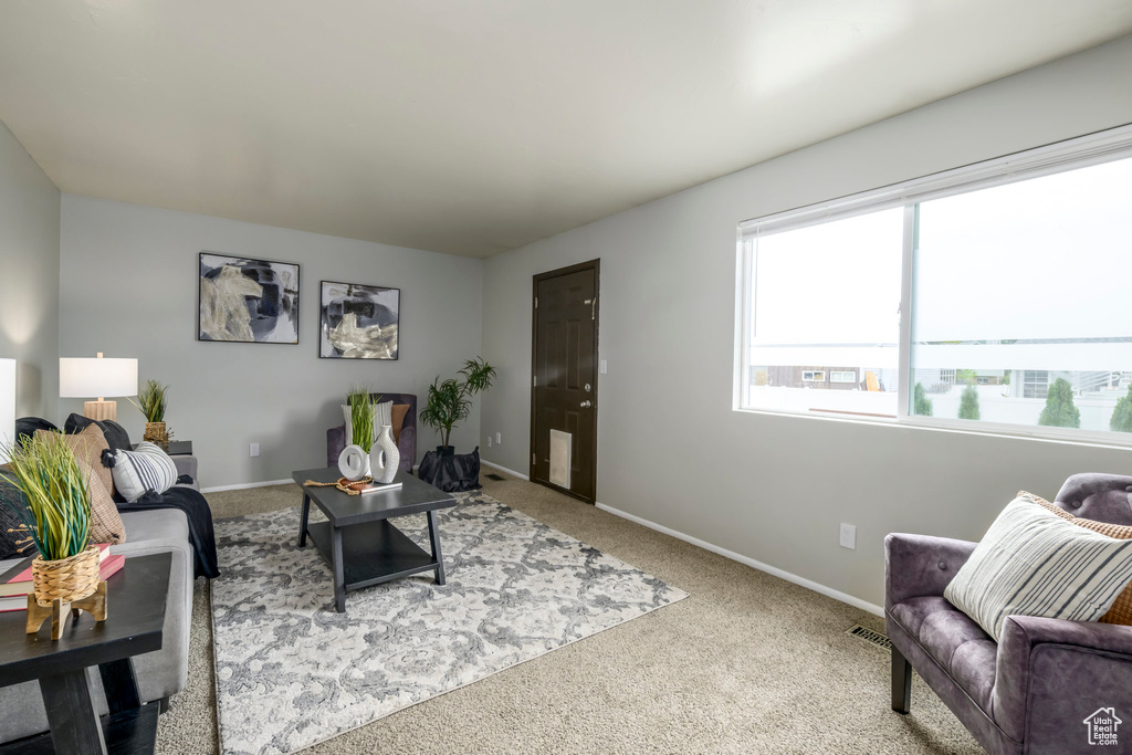 Living area featuring carpet flooring and baseboards