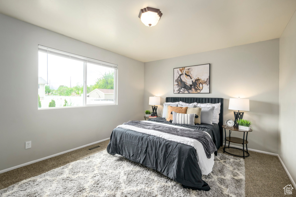 Bedroom with carpet floors and baseboards