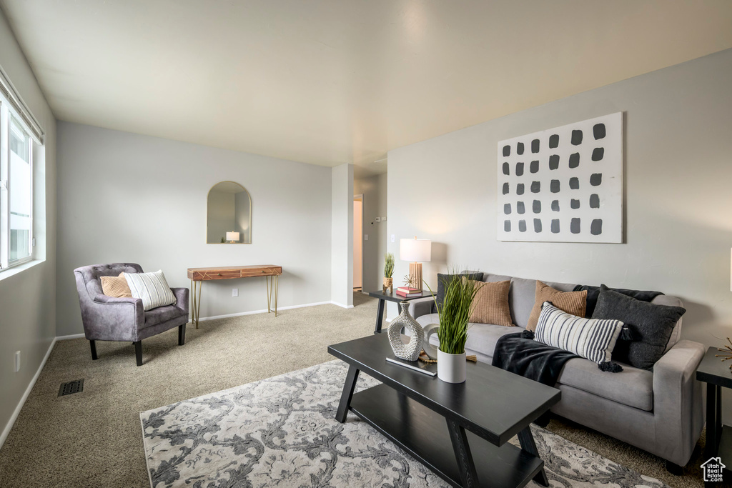 Carpeted living area with baseboards