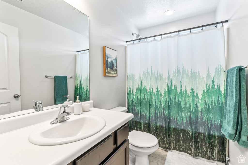 Bathroom with toilet, vanity, and a shower with shower curtain