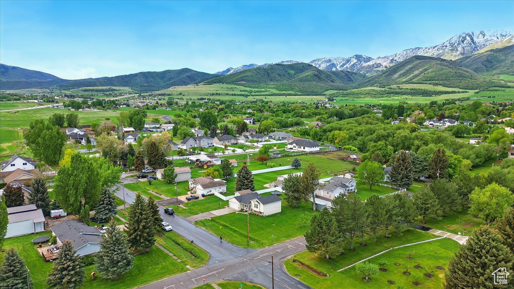 Aerial view of residential area with mountains