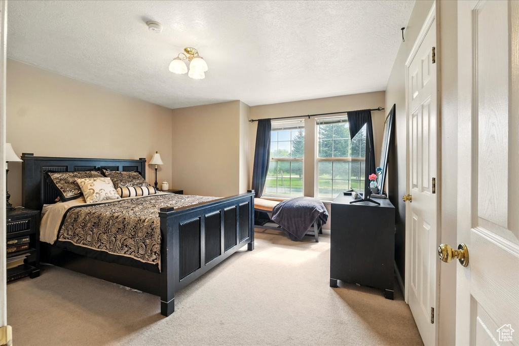 Bedroom with light carpet and a textured ceiling
