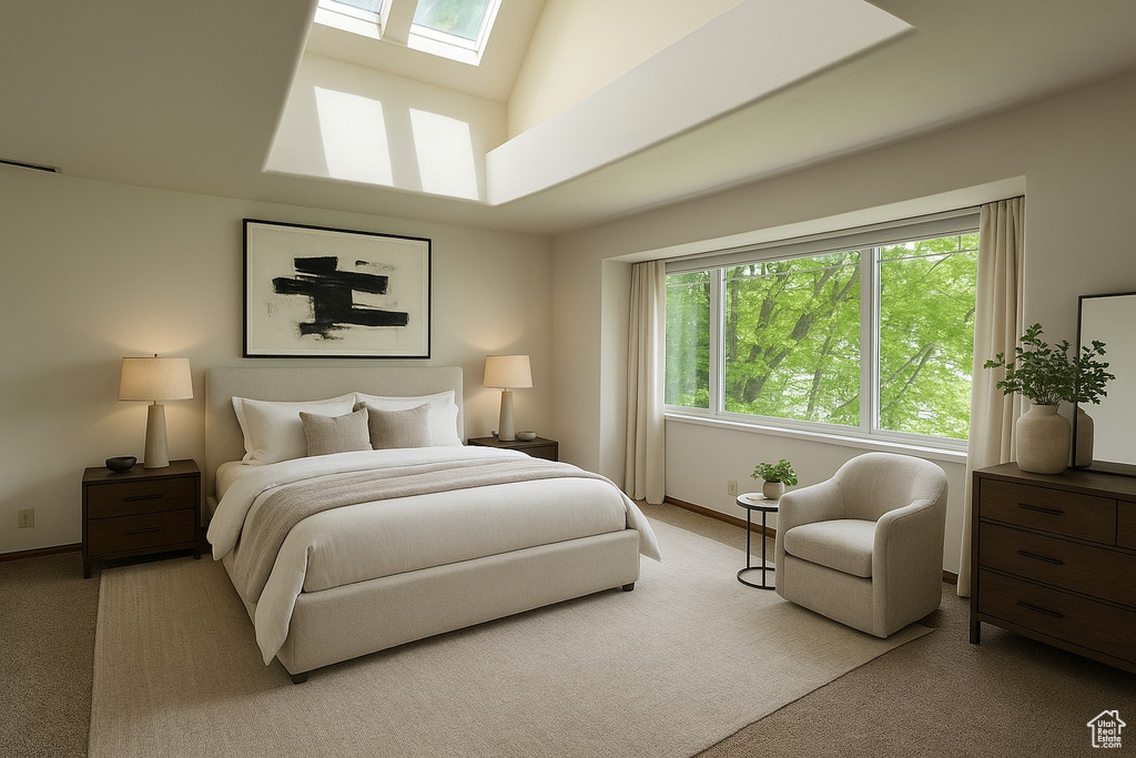 Carpeted bedroom with a skylight and baseboards