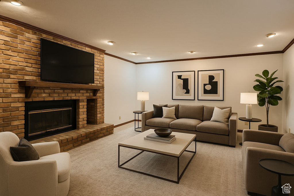 Living room featuring light carpet, ornamental molding, a brick fireplace, recessed lighting, and baseboards