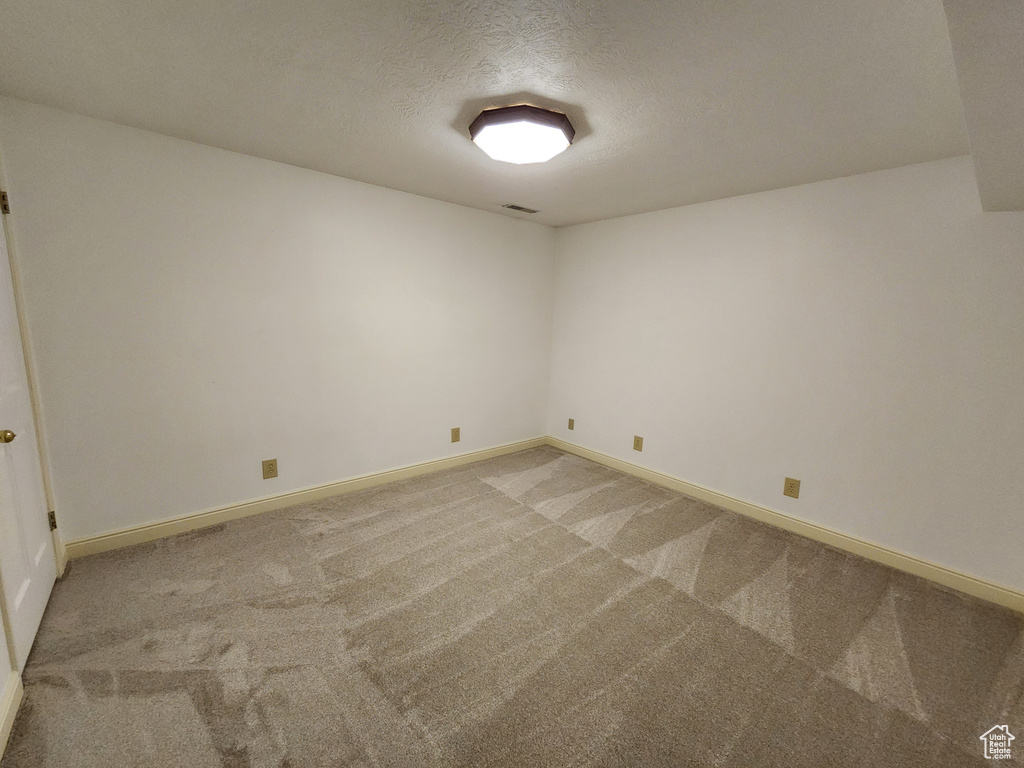 Empty room featuring light carpet, a textured ceiling, and baseboards