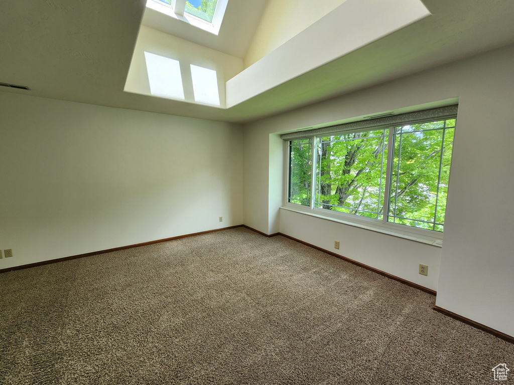 Spare room featuring carpet floors, a skylight, baseboards, and vaulted ceiling