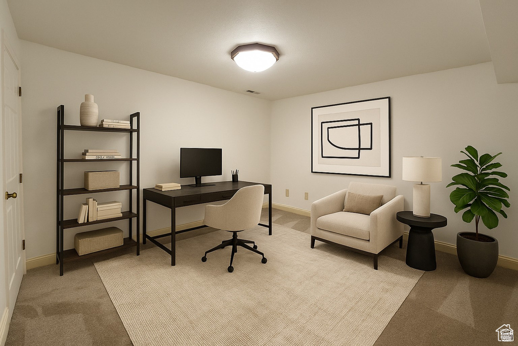 Carpeted home office with baseboards