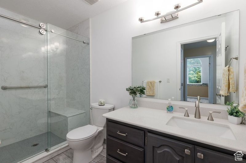 Bathroom featuring a shower stall, toilet, and vanity