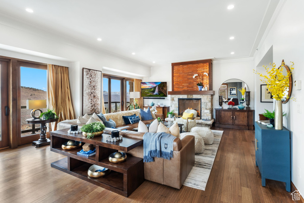 Living room featuring ornamental molding, healthy amount of natural light, recessed lighting, wood finished floors, and a fireplace
