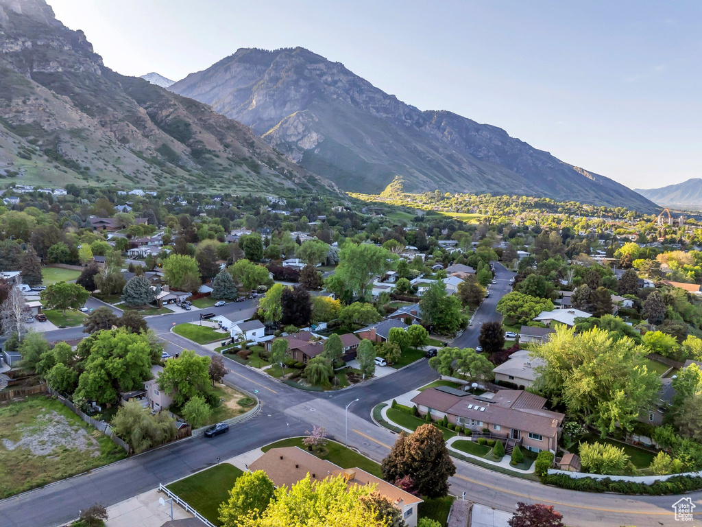 Aerial view of residential area with mountains