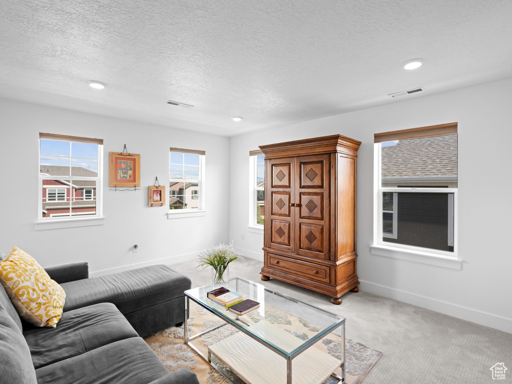 Living room with light carpet, a textured ceiling, baseboards, and recessed lighting