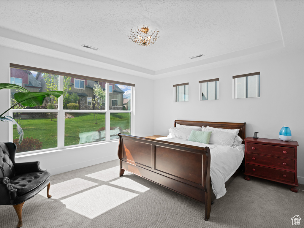 Carpeted bedroom featuring a tray ceiling, a chandelier, a textured ceiling, and baseboards