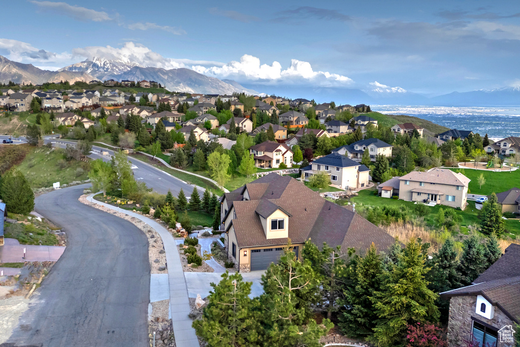 Aerial perspective of suburban area featuring mountains