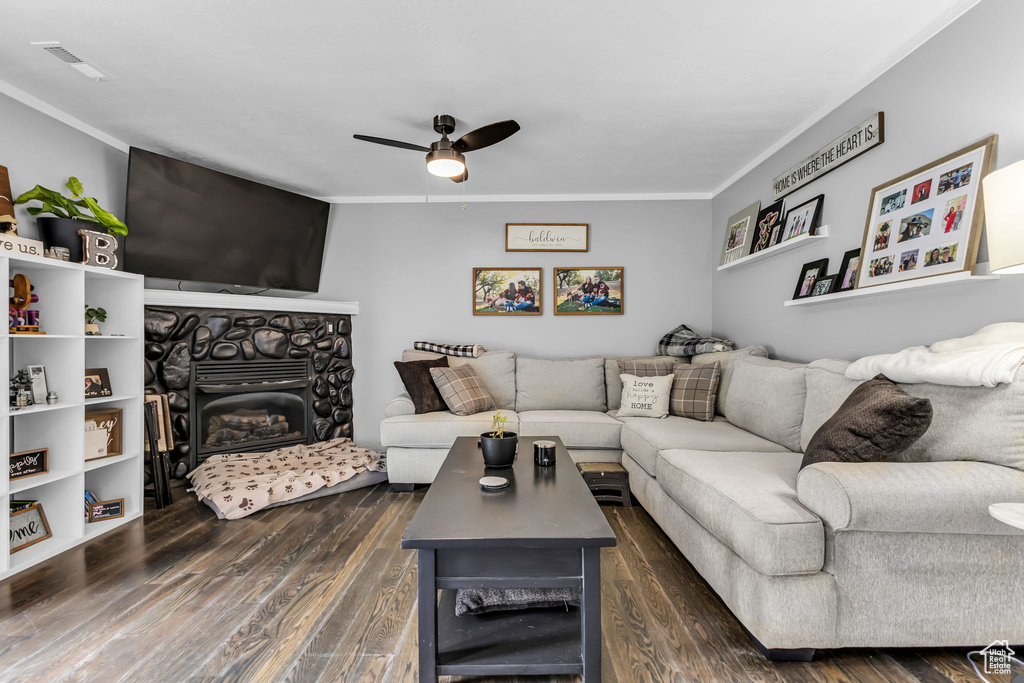 Living room featuring ornamental molding, ceiling fan, dark wood-type flooring, and a fireplace
