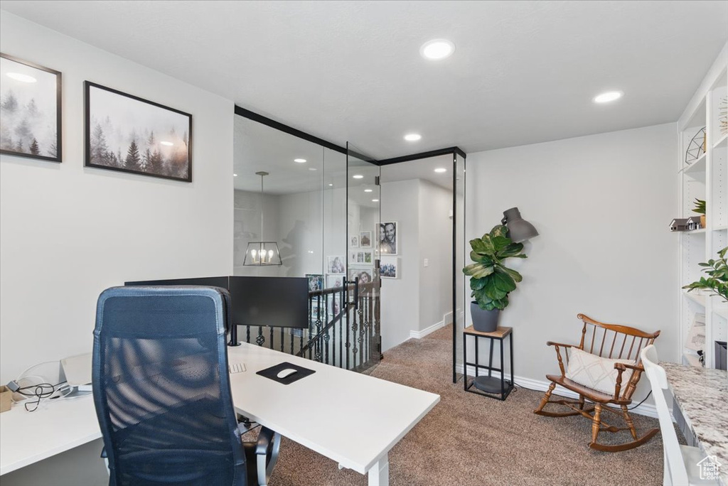 Carpeted home office featuring recessed lighting and baseboards
