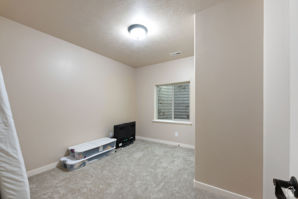 Spare room with a textured ceiling, baseboards, and carpet floors