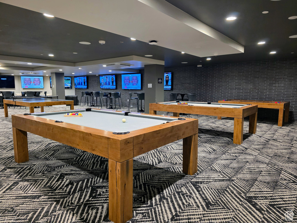 Rec room featuring billiards table, carpet floors, a raised ceiling, and recessed lighting