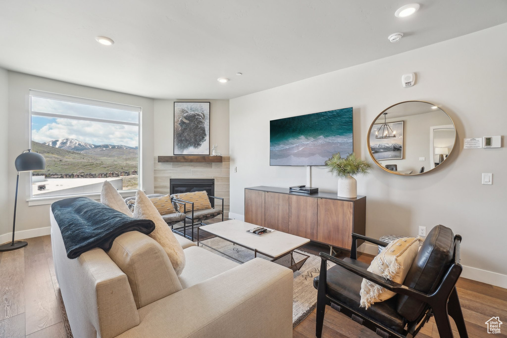 Living room with baseboards, a glass covered fireplace, recessed lighting, and wood finished floors