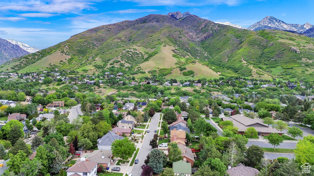 Aerial perspective of suburban area featuring a mountain backdrop