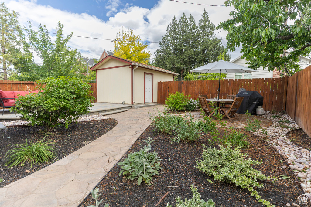 Fenced backyard featuring a patio, an outbuilding, a storage shed, and outdoor dining area