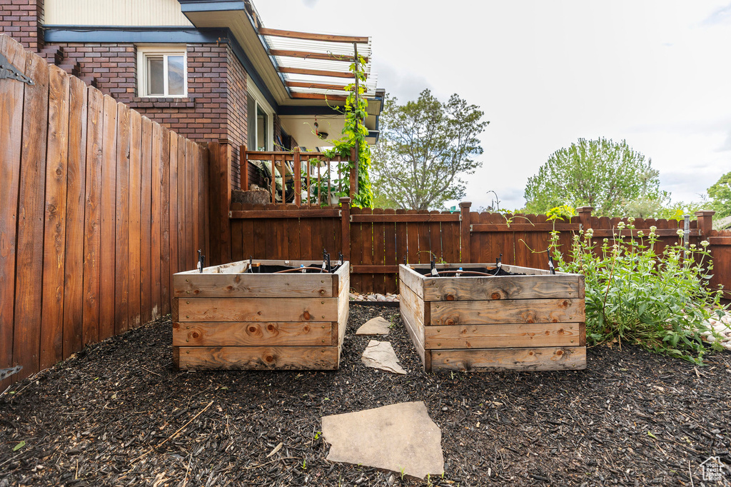 Fenced backyard featuring a vegetable garden
