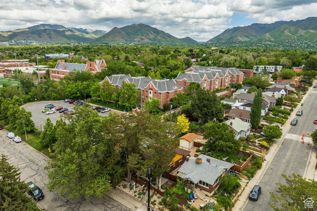 Bird's eye view of a mountainous background