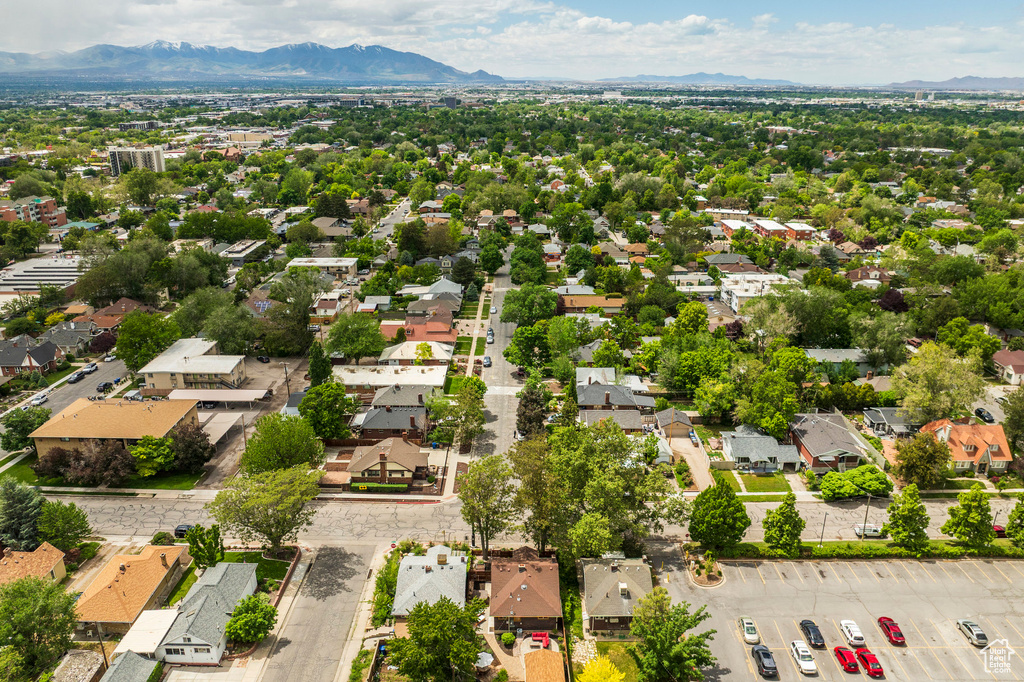 Aerial perspective of suburban area with mountains