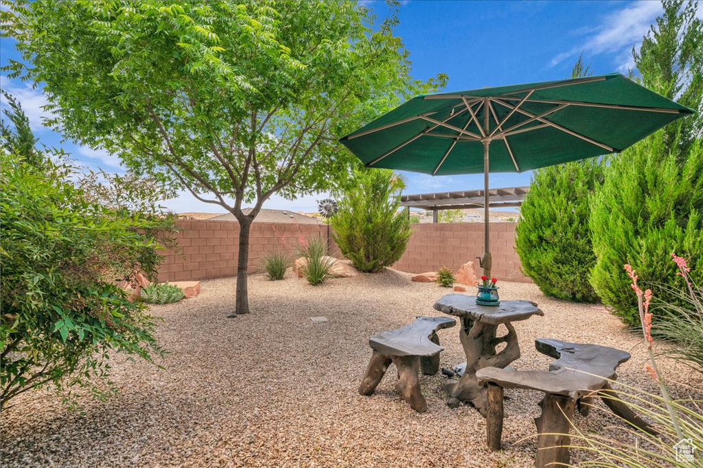 View of patio with fence