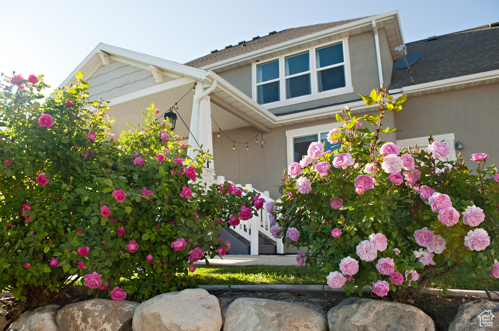 View of property exterior featuring stucco siding