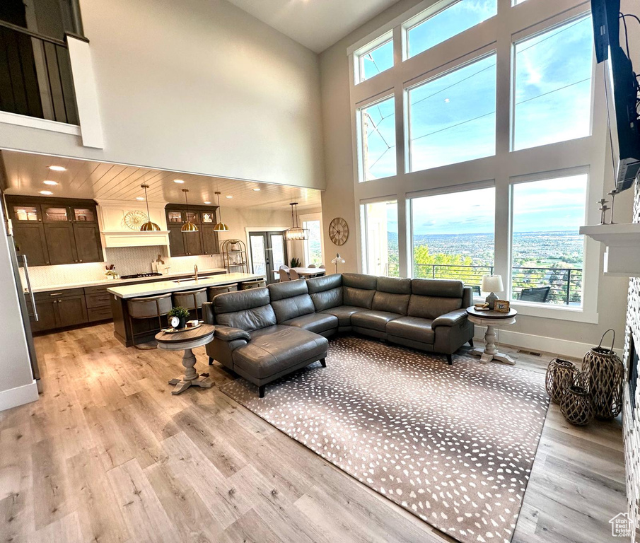 Living room with healthy amount of natural light, a high ceiling, light wood-style flooring, and baseboards