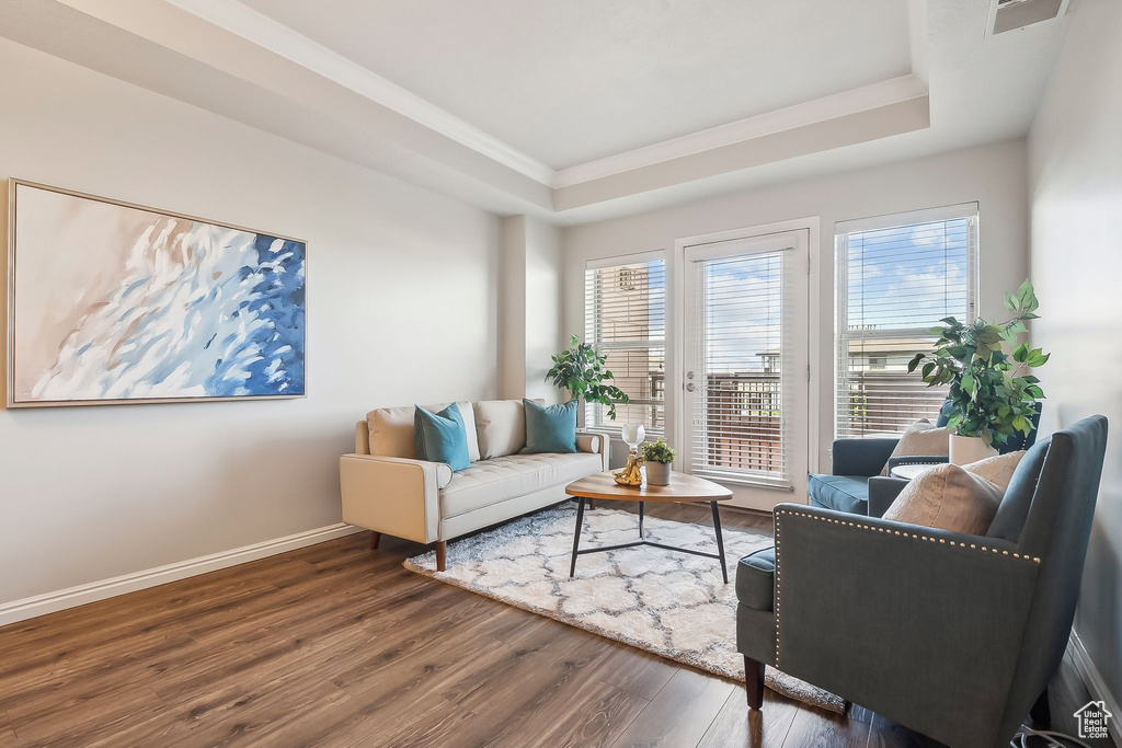 Living room featuring ornamental molding, a tray ceiling, wood finished floors, and baseboards