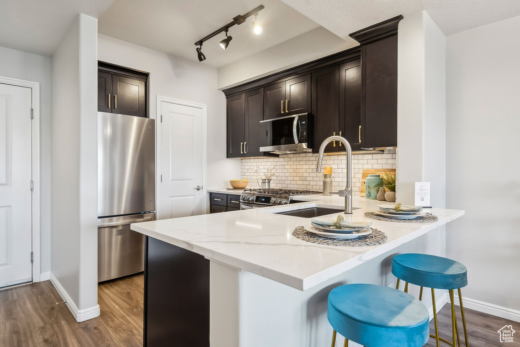 Kitchen featuring stainless steel appliances, dark wood finished floors, decorative backsplash, a sink, and a peninsula