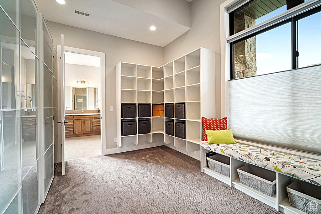 Playroom with carpet flooring and recessed lighting