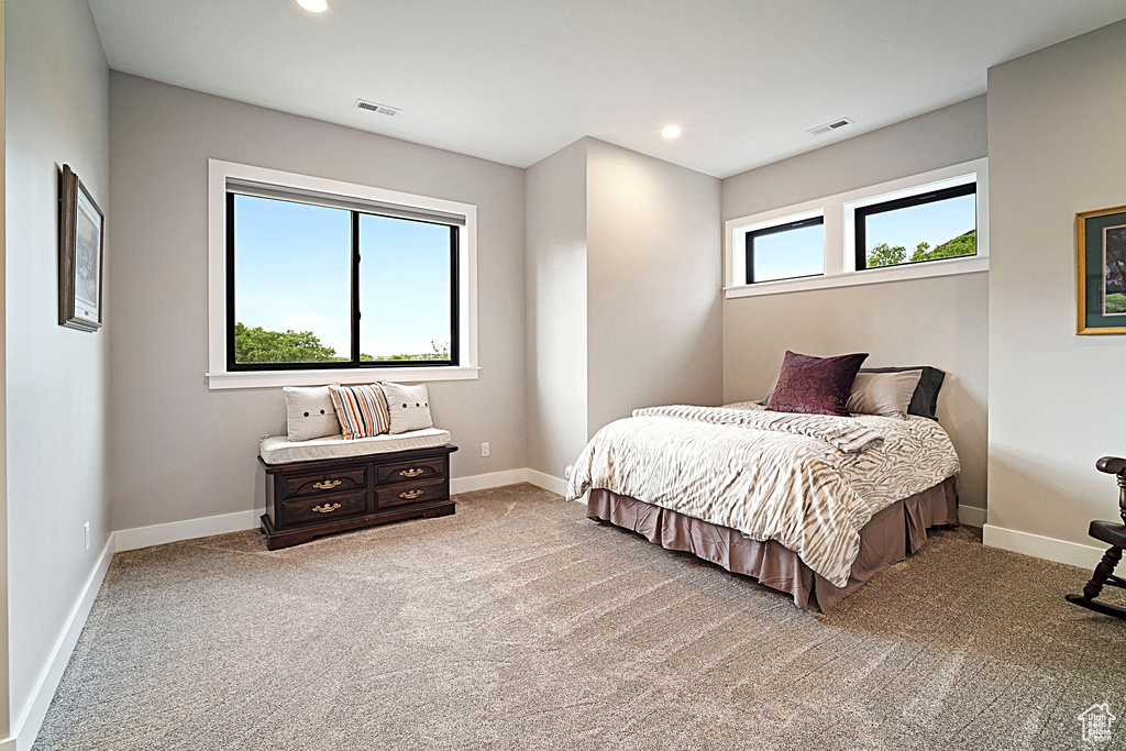 Carpeted bedroom with baseboards and recessed lighting