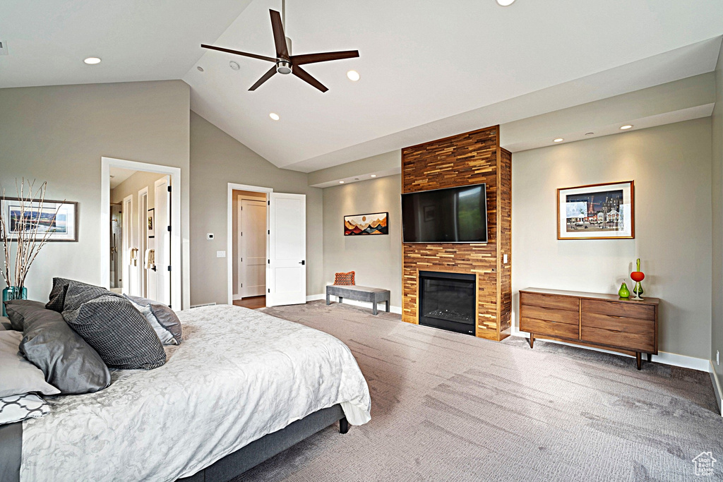 Bedroom with recessed lighting, carpet flooring, a large fireplace, baseboards, and ceiling fan