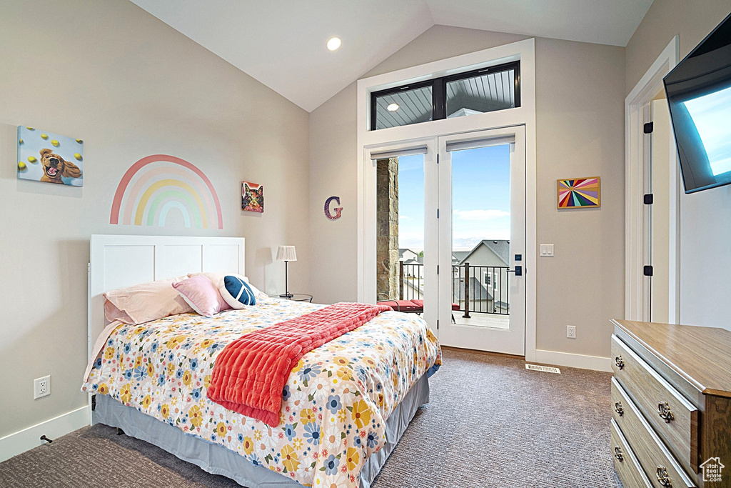 Carpeted bedroom with access to exterior, vaulted ceiling, baseboards, and recessed lighting