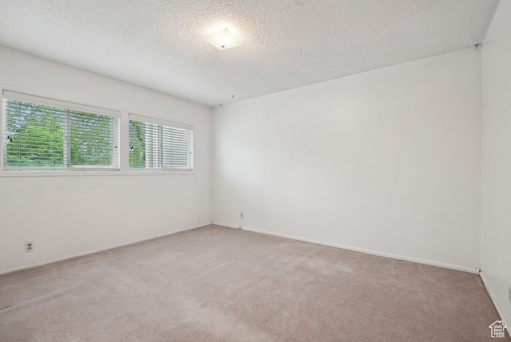 Spare room featuring light carpet, a textured ceiling, and baseboards
