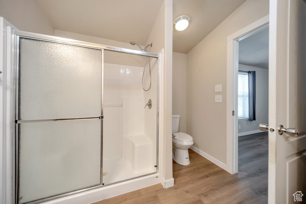 Bathroom with wood finished floors and a stall shower