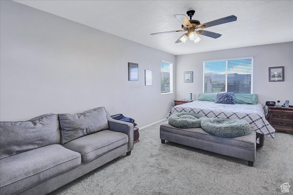 Carpeted bedroom featuring baseboards, ceiling fan, and a textured ceiling