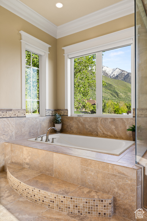 Bathroom with plenty of natural light, ornamental molding, a garden tub, and recessed lighting