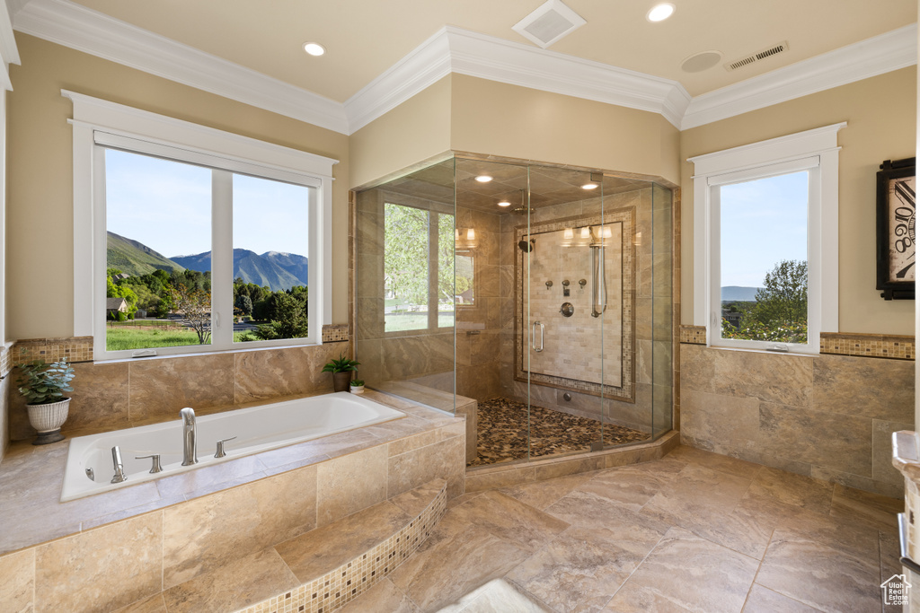 Bathroom with a mountain view, a garden tub, healthy amount of natural light, a stall shower, and crown molding