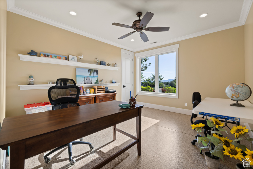Office with ceiling fan, recessed lighting, ornamental molding, and baseboards