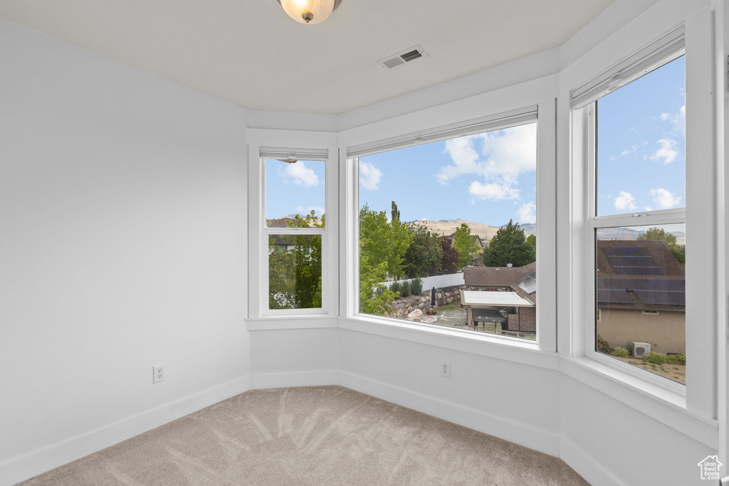 Unfurnished room with healthy amount of natural light, light colored carpet, and baseboards