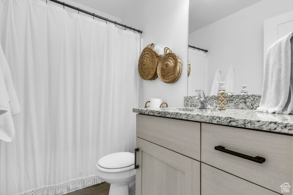 Full bathroom with toilet, vanity, and wood finished floors